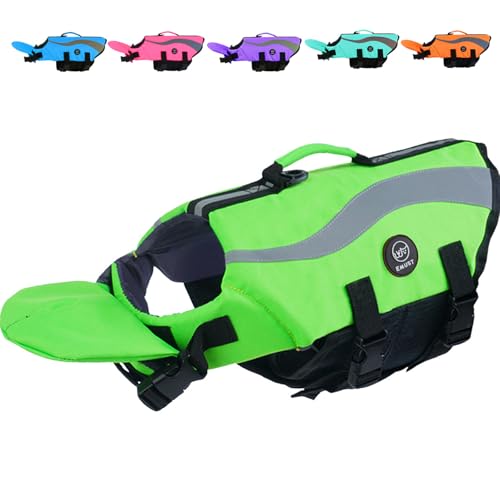 EMUST Dog Life Vests, Adjustable Dog Life Jacktets for Boat with Front Float, High Visibility Life Vests for Dogs, Medium Dog Life Jacket Safety Swimsuit, Green,M
