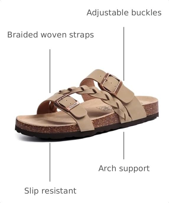Image of KIDMI Women's Cork Footbed Sandals with Arch Support Comfortable Slip-On Slide Sandals With Adjustable Buckle for Summer