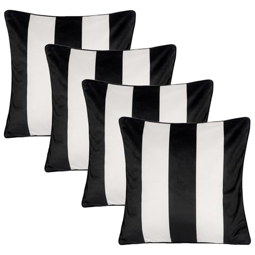 OHS 4 Pack Cushion Covers 45 x 45cm, Super Soft Matte Velvet Black & White Stripe Print Decorative Throw Pillow Covers with Hidden Zipper For Sofa Bed Living Room, Mono