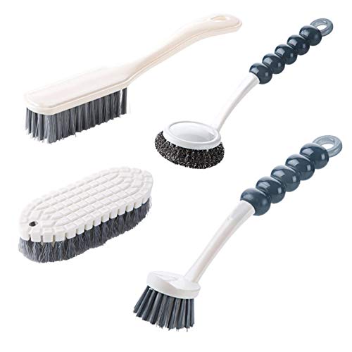 Etiger 4Pcs Scrub Brush, PP Plastic Multipurpose Cleaning Brush Set, Kitchen Cleaning Brushes, Includes Brush with Handle | Long Handle Round Brush | S Curved Brush | Long Handle Sector Brush