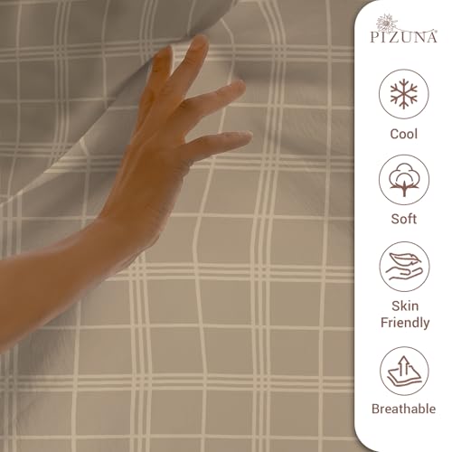 Image of Pizuna 100% Cotton Bedsheet Super King Size with 2 Pillow Covers, 300 Thread Count Long Staple Cotton, Checks Pattern Flat Bed Sheet 108X108 Inch for Superking Bed, Taupe
