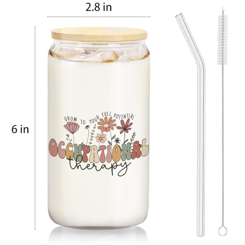 BEHIFL Occupational Therapist Gifts Glass Cup with Lids and Straws 14oz, OT Occupational Therapy Gifts Glass Coffee Tumbler Drinking Jars with Cleaning Brush - Image 4