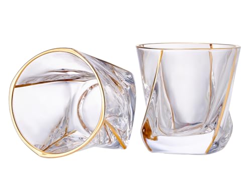 GLASKEY Set di 2 Bicchieri da Whisky in Cristallo con Bordo in Oro 24K,Bicchieri da Bar, Bicchieri da Whisky a tortiglione Collezione Oro per Bourbon,Scotch e vino,articoli da bar per uomini (8oz)