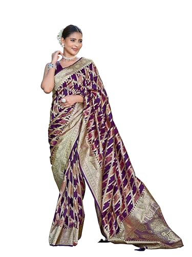Image of MANOHARI Women's Trendy Banarasi Satin Silk Woven Saree with Heavy Jacquard Work, Elegant Design with Matching Lace Border Unstitched Blouse Piece for Weddings & Festive Occasions