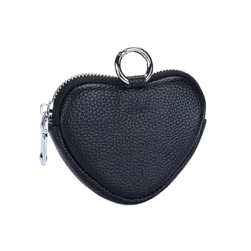 Heart-Shaped Coin Wallet Genuine Leather Coin Purse Cute Leather Wallet For Women Mini Leather Zipper Storage Bag For Women (black)