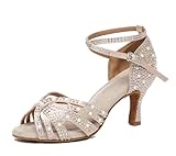 Minishion Comfortable High Heel Dance Shoes for Women Rhinestones Wedding Sandals L506 Nude 3' Heel US 8