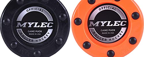 Mylec Hockey Pucks For Outdoor Hockey, Made With Pvc, Hockey Stuff With Graphite Reinforced Shaft & Nylon Glides, Training Pucks For Street Hockey (110Gm, Pack Of 3-Black, Orange & Red) #TOP2