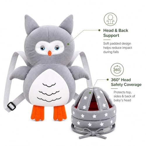 Image of GLUN Baby Back Protector with Head Protective Hat Combo Set, Cute Owl Shape Soft Cushioning, Adjustable Shoulder Belt, Head Protection Gear for 6-18 Month Toddler Kids