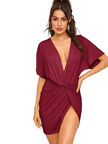Image of Floerns Women's Deep V Neck Twisted Plunging High Slit Mini Party Dress