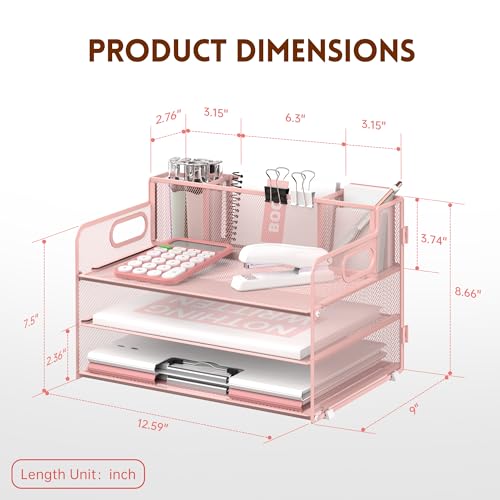 SUPEASY 3 Tier Desk Organizer with Handle & 3 Pen Holders, Mesh Paper/File Organizer for Desk, Paper Letter Tray Organizer for Office Supplies (Pink) image 1