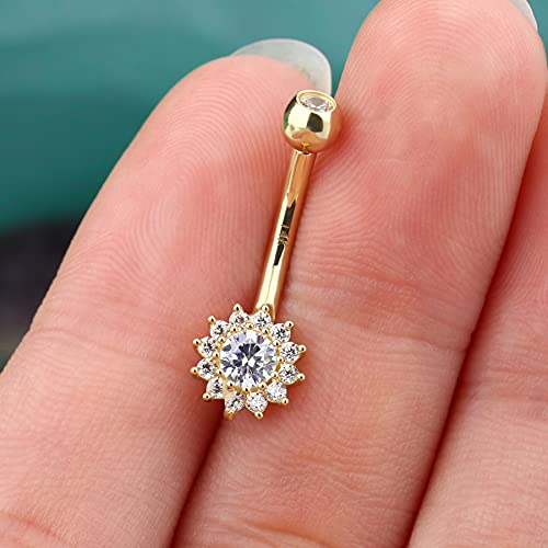 Cocharm Women 14K Solid Gold Belly Button Rings For Women Flower Real Gold Bride Belly Piercing Jewelry Gold 14K Navel Rings 14G Yellow Gold Navel Piercing Dainty 14K Gold Belly Jewelry #TOP3