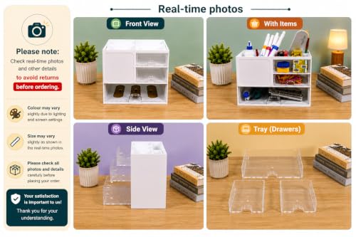 Image of Wishmigo Desk Organizer with 3 Transparent Drawers | Stationery Organizer for Study Table | Multipurpose Storage Organizer for Office Desk, Home, Students, Vanity & Kitchen (Normal White)