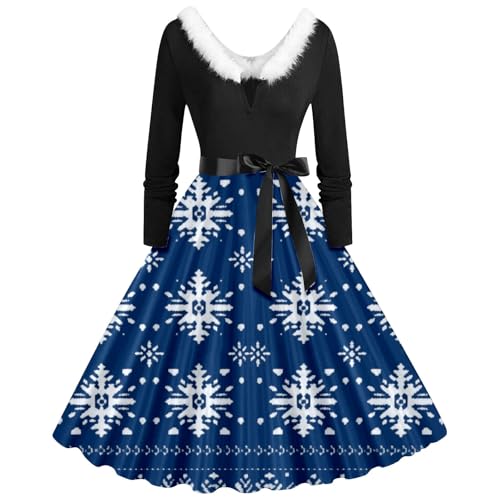 Vestido de Navidad para Mujer, Casual, Estampado de Nieve, Cuello en V, Manga Larga con Cordones (Cuello de Velour), turquesa, M