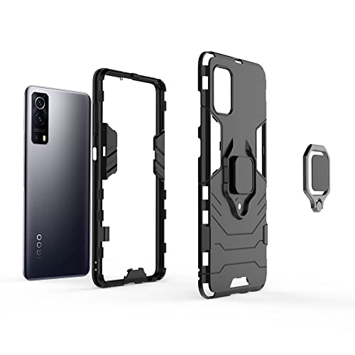 Image of Pikkme Polycarbonate Iqoo Z3 5G Back Cover D5 Tough Armor Bumper 360 Protection Case Ring Holder Stand Case for Iqoo Z3 5G (Black)