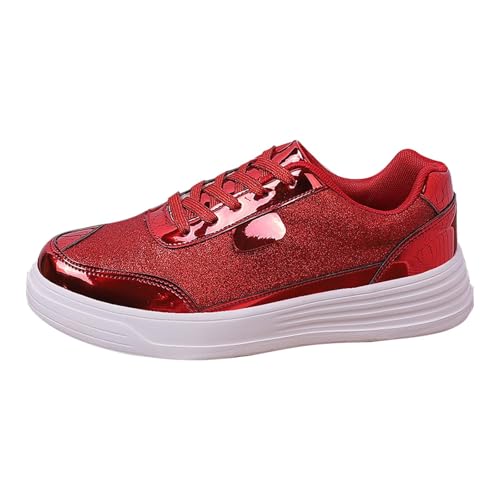 Zapatillas de deporte de moda mujer impresión de lentejuelas zapatos casuales para planos blancos bajos clásicos correr deporte transpirable ligero fitness cordones, rojo, 36 EU