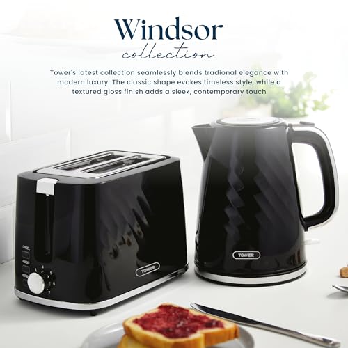 Image of Tower Premium Windsor Electric Kettle 1.7L, 1350W | Strix Contoller, Rapid Boil in 45 Seconds, Auto Shut-Off, Boil-Dry Protection, 360 Power Base, Water Level Indicator, 2.5 Year Warranty (Black).
