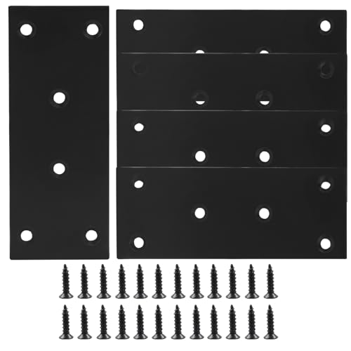 Bonsicoky 4 soportes planos y rectos – placas de unión de reparación de fijación negras para muebles, estantes, gabinetes con tornillos, 128 mm x 48 mm