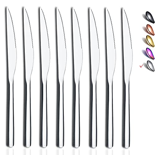 Steak Knives, 8 Piece Premium Stainless Steel Steak Knife Set, Meat Knife Sets, German Steak Knives Serrated, Tomato Knife, For Home, Kitchen or Restaurant, Dishwasher Safe (Silver-9.2 Inch)