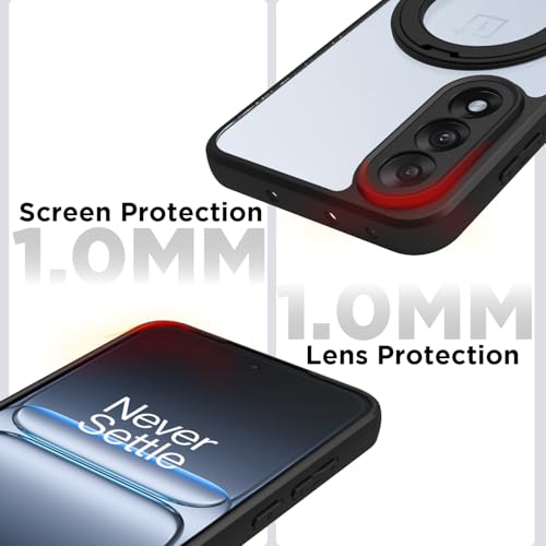 Image of RIGGEAR Shockproof Sleek Hybrid Armor 360 Rotating Magnetic Ring Stand Back Cover Case Compatible with MagSafe Accessories for OnePlus Nord 5 5G (Clear PC + Black TPU Bumper)