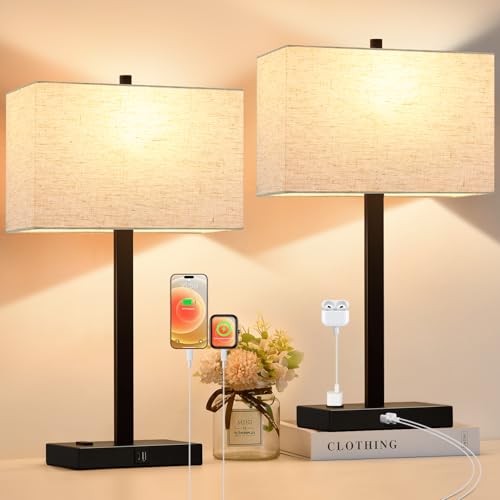 Image of Lynnoland 21 inch Set of 2 Table lamp with USB A+C & AC Outlets, Touch Control 3-Way Dimmable Nightstand Lamps for Bedroom Living Room Office Reading, Linen Shade Touch Lamps, 3000K LED Bulbs Included
