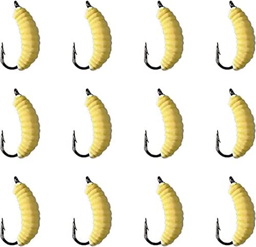 Dozen Rubber Wax Worm Grub #10 - Maggots Fishing Bait 12Pcs - Rubber Grub Maggot Milky Amber Wet Fly - Trout, Crappie, Pan Fish Fly Fishing Freshwater Saltwater Soft Lure Kit #TOP1