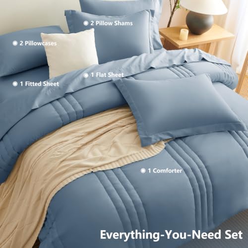 Image of CozyLux Oversized Queen Comforter Set Grayish Blue - 7 Pieces Bed in a Bag, Modern Vertical Quilted Room Decor, Soft All-Season Bedding Gift with Comforter, Sheets, Pillowcases & Shams