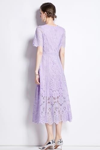 LAI MENG FIVE CATS Women's Flowy Floral Lace Short Sleeve Round Neck Evening Dress3