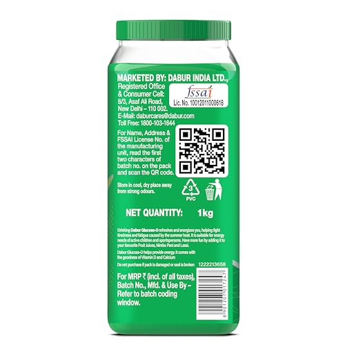 Image of Dabur Glucose-D Instant Energy Drink Powder - 1kg | Enriched with Vitamin D & Calcium | 99.4% Glucose Quick Energy Replenishment Formula | Easy to Mix Refreshing Drink