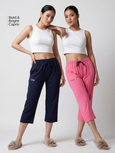 Image of Fflirtygo Women's Cotton Plain Calf Length Capri | Nightwear Short Pyjama | 3 /4th Solid Pyjama Pant | Regular Fit Casual & Lounge Wear Capri Combo (Pack of 2)