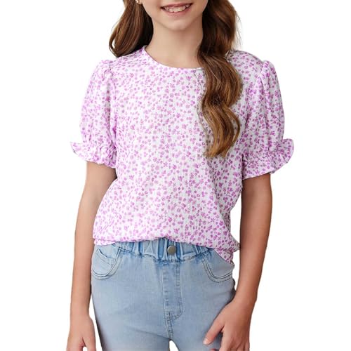 Girls Boho Floral Puff Sleeve Shirts Cotton Linen Blouses Breathable Loose Fit Tops Cottagecore Tunic Blouses Cute Tees