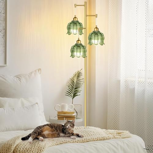 Image of ZECOXOL Vintage Floor Lamps for Living Room Bedroom-3 Light Glass Floor Lamp with Three Led Bulb, Modern Mid Century Standing Lamp Brass Tall Lamp Gold Tree Floor Lamp for Bedroom Corner