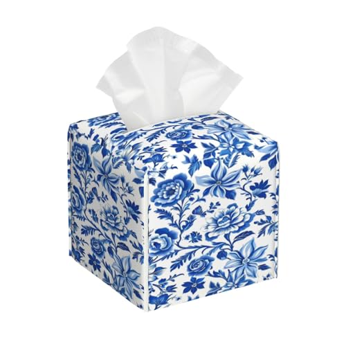 Blue Floral Flowers and Leaves Chinoiserie Tissue Box Cover Square Pu Leather Tissue Holder Facial Tissue Case Facial Paper Organizer Dispenser for Home Bedroom Dresser Night Stand Office Desk Car by Poacnip - Used condition - US$7.50