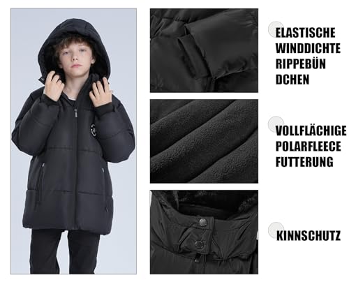 SOLOCOTE Jungen Wintermantel Fleece-Futter schwerer wasserabweisend winddicht mit Kapuze Parka für Kinder Schwarz 164