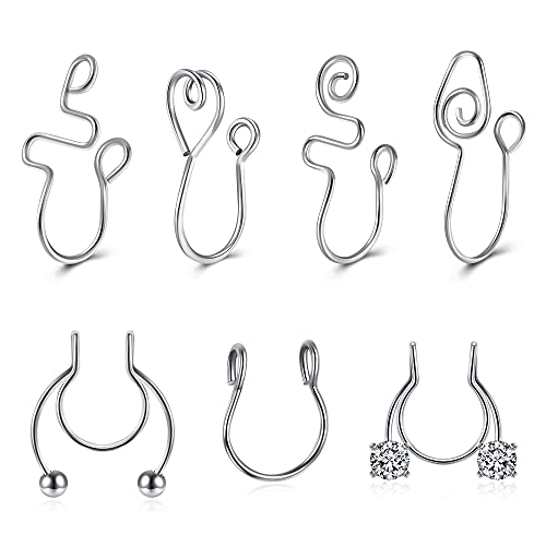 Top Plaza 7 Pcs Silver Nose Cuffs Fake Nose Rings for Women Stainless Steel Nose Clip African Nose Cuffs Set for Non Pierced Nose Non Piercing Jewelry