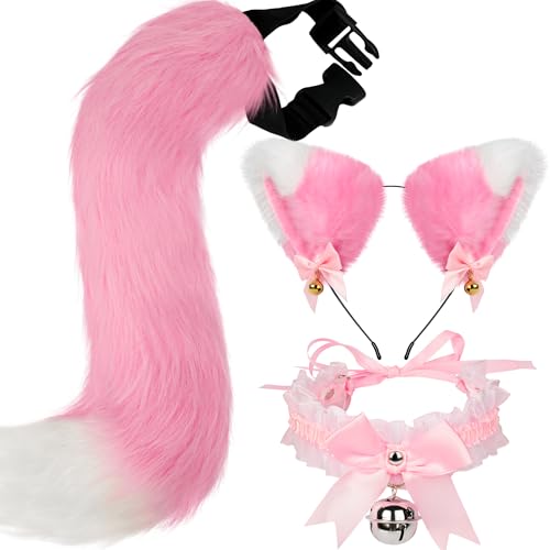 Cat Wolf Fox Ears and Tail Costume Set with Bell Lace Choker