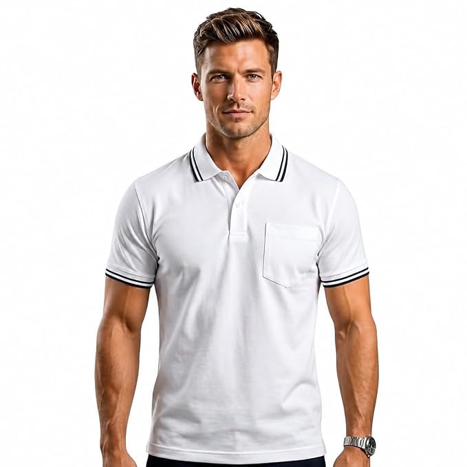 funky bear Men's Polo T-Shirt | Premium Cotton Blend Polo Neck Half Sleeve Casual Solid T-Shirt with Chest Pocket | Regular Fit Summer Golf Office Everyday Wear - White (Size - L)-picture-24