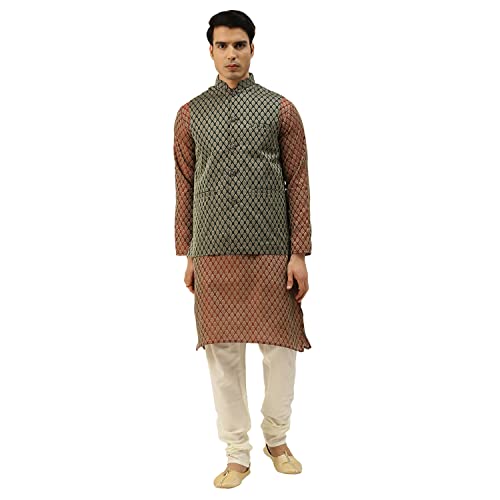 Image of SOJANYA (Since 1958, Men's Silk Blend Grey Kurta Pyjama & Silk Blend Jacket Combo