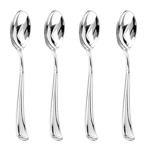 Liacere 200PCS Silver Plastic Spoons - Heavy Duty Silver Disposable Spoons - Silver dessert Spoons for Wedding & Party