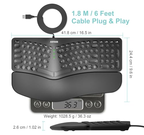 Arteck Ergonomic USB Wired Keyboard with Cushioned Wrist & Palm Rest, Backlit 7 Colors & Adjustable Brightness Comfortable Natural Split Keyboard with 6 Feet Wire for Windows Computer Desktop Laptop by Arteck - Image 5