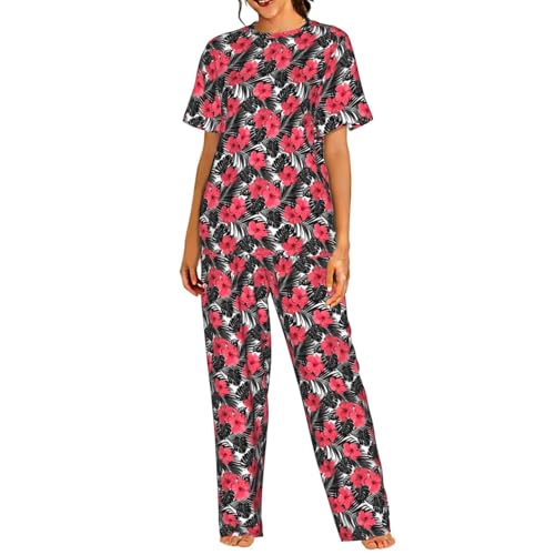 Pyjama à manches courtes femme léger ensemble de nuit respirant imprimé hibiscus