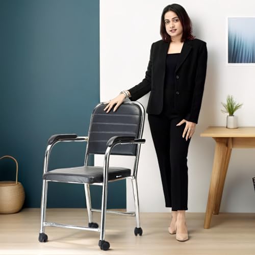 Image of Revolving Executive Manager Office Visitor Study Chair With Arm Rest & Wheels - Steel Frame, Cushion Seat Back, Holds up to 100 kg (Black)