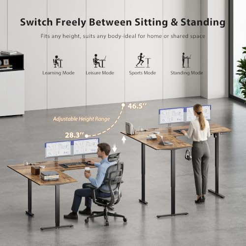 Image of 63 Inch L Shaped Electric Standing Desk, Corner Workstation, Rustic Brown | 3 AC outlets, 2 USB ports, cable tray, cord clips, 3 memory presets, anti-collision and 176 lb capacity for home office.