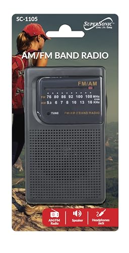 Supersonic SC-1105 Portable AM/FM Band Radio with LED Tune Indicator, Telescopic Antenna, Earphone Jack, Carrying Strap, Speaker and Wide Frequency for Indoor, Outdoor & Emergency Use