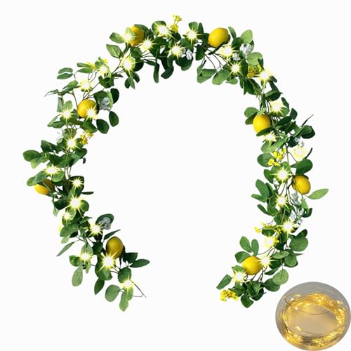 Upgraded Dense Artificial Lemon Garland with Lights Spring Summer Greenery Lemon Vine Plants Faux Fruit Cute Flowers Hanging Wreath for Wedding Home Garden Mantel Table Party Christmas Decor by HamiFinee - Used condition - US$23.00