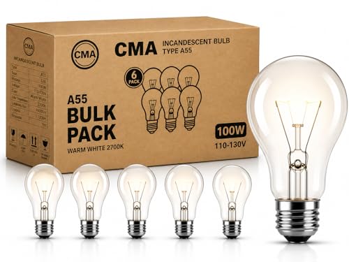 CMA Traditional Style GLS Bulb 100 Watt Incandescent Bulb E26 Base 110-130V Warmwhite 2700K 1300 Lumens A19 Shape Dimmable Classic Old Style Service Light Bulb Indoor Use X 6 Pack