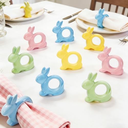 JarThenaAMCS 8 pcs Porcelain Easter Napkin Ring Pastel Napkin Holder Bunny Rabbit Ceramic Dinner Table Ring for Spring Holiday Party Table Setting Decor Supplies