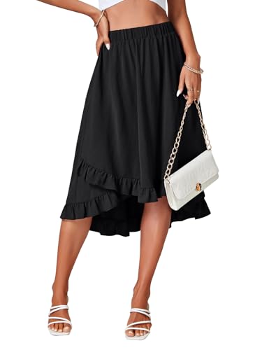 LYANER Women's Asymmetrical High Low Ruffle Hem Ruched Elastic Waist Boho Midi Skirt4