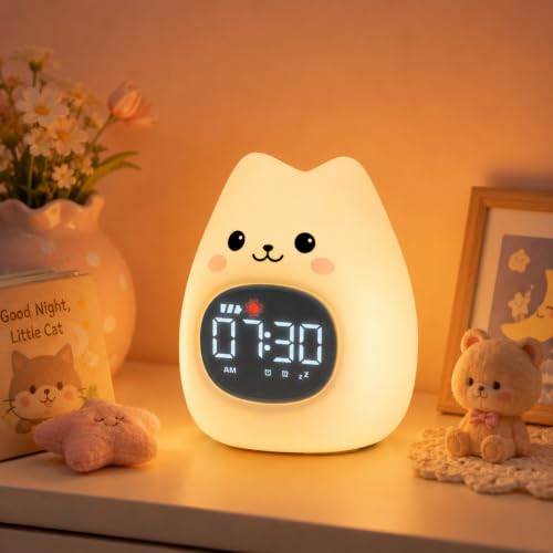 Aokpsrt Cat Kids Alarm Clock with Night Light, OK to Wake Clock for Toddler