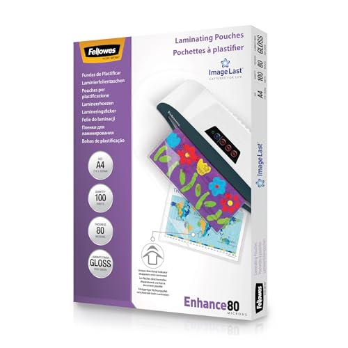 Fellowes Laminating Pouches A4 Gloss Finish - 100 Sheets - 160 Micron (2 x 80 Micron) Clear & Durable Laminating Pouch with Image Last Directional Mark - Ideal for Photos and Notices