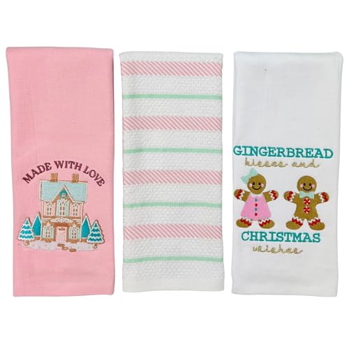 Christmas Holiday Kitchen Hand Dish Towels, Pink Gingerbread Cookies House